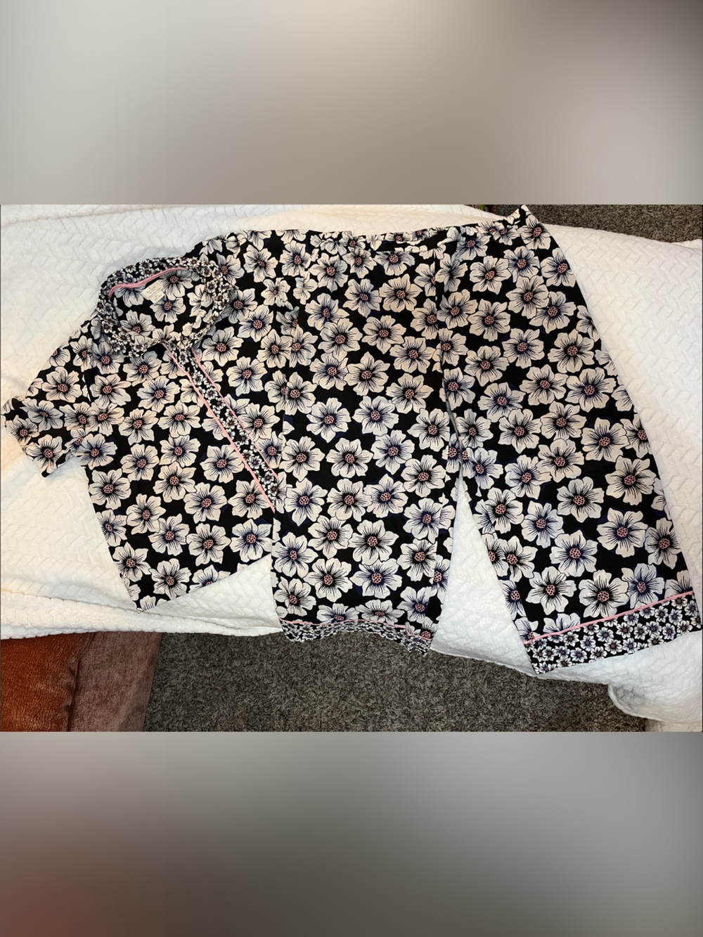kate spade Black Floral Pajama Set with White and Pink Accents